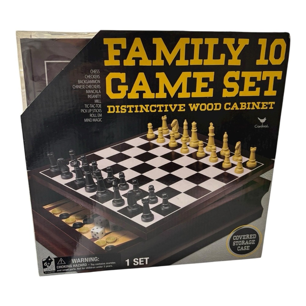 New Cardinal Classic Family 10 Game Set Wood Storage Cabinet Chess Checkers‎